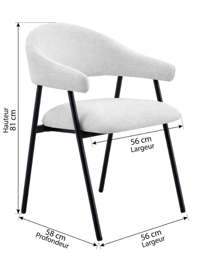 Chaise de salle à manger design revêtement en tissu blanc et pieds en acier noir L.56 x P.58.5 x H.81 cm collection ASPEN