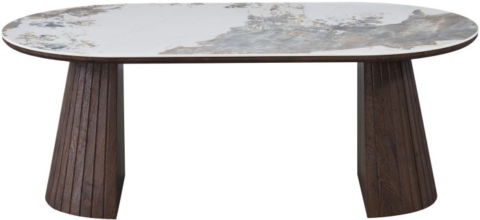 Table basse ovale design plateau en céramique travertin et pieds en MDF effet noyer L.130 x P.70 x H.45 cm collection MAYFAIR