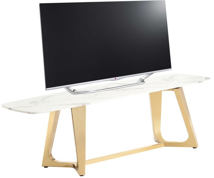 Meuble tv Design plateau en marbre artificiel blanc et piètement en acier inoxydable poli doré Collection veneta L. 180 x P. 42 x H. 45 cm