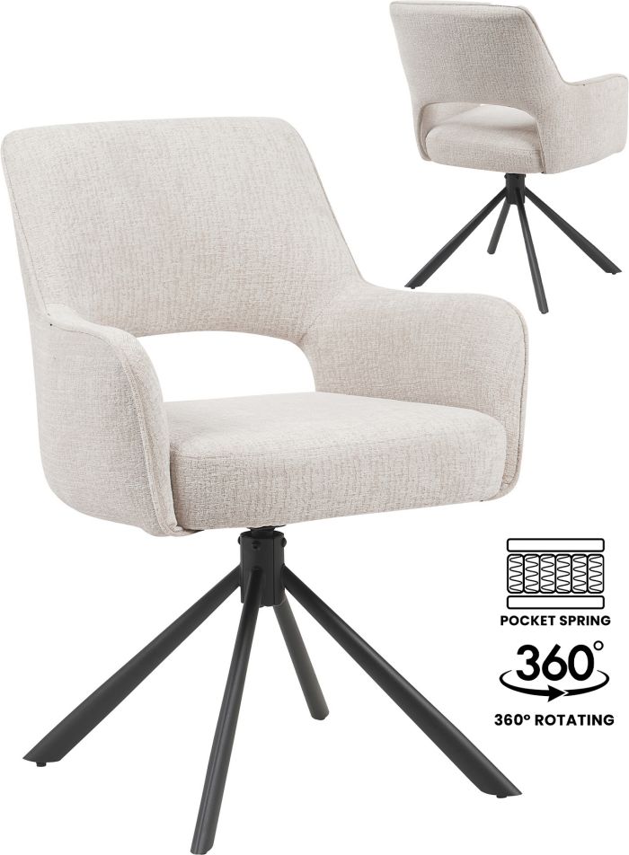 Chaise de salle à manger rotatives à 360° design revêtement en tissu taupe avec piétement en acier noir avec des ressorts ensachés L.73 x P. 58 x H.62 cm collection SAMOS