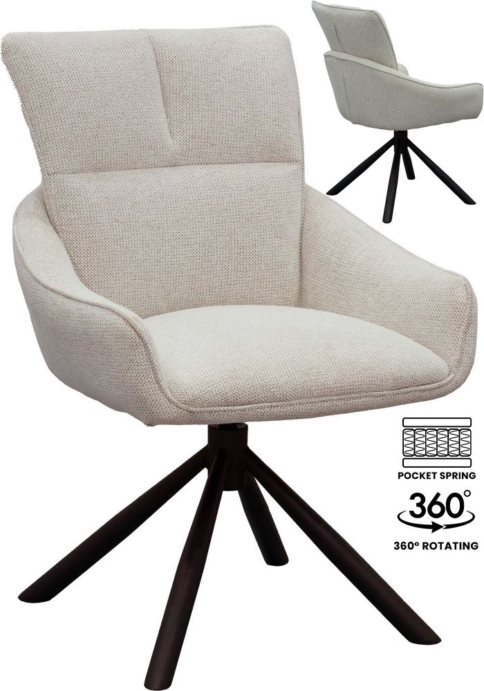 Chaise de salle à manger design rotatives à 360° revêtement en tissu blanc avec piétement en acier noir avec des ressorts ensachés L.58 x P.62.5 x H.88.5 cm collection GRACE