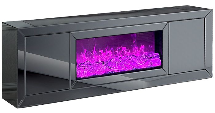 Meuble tv design avec cheminée artificielle intégrée en bois MDF et miroir gris L.200 x P.40 x H.60 cm collection MAYA