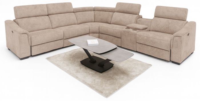 Canapé d'angle reversible à relax électrique design en tissu taupe L.340 x P.300 x H.105 cm collection Caserta