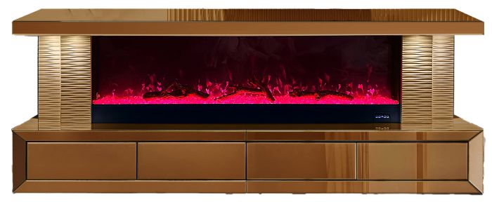 Meuble tv design avec cheminée artificielle intégrée en bois MDF et miroir bronze L.200 x P.40 x H.70 cm collection CARA