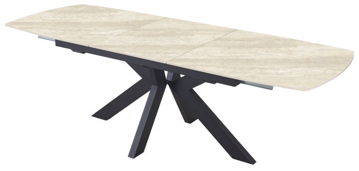 Table de salle à manger extensible design plateau en pierre frittée coloris beige et pieds en acier coloris Noir L.180-240 x P.90 x H.76 cm collection AMIRA