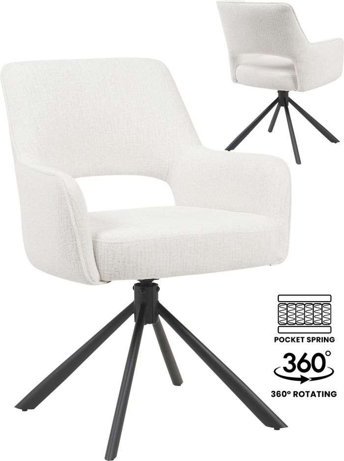 Chaise de salle à manger design rotatives à 360° revêtement en tissu beige avec piétement en acier noir avec des ressorts ensachés L.73 x P. 58 x H.62 cm collection SAMOS