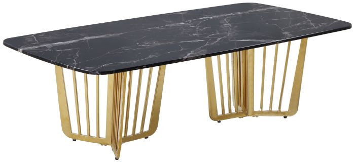 Table basse design avec plateau en marbre artificiel noir et piétement en acier doré L. 140 x P. 72 x H. 45 cm collection FASTRO