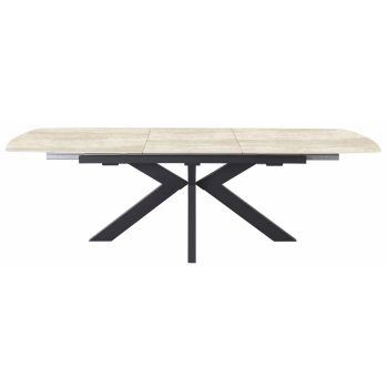Table de salle à manger extensible design plateau en pierre frittée coloris beige et pieds en acier coloris Noir L.180-240 x P.90 x H.76 cm collection AMIRA