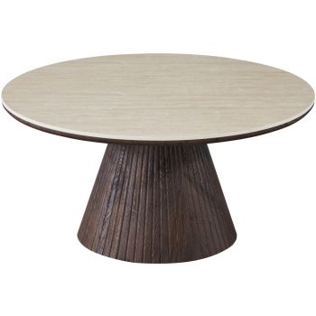 Table basse ronde design plateau en céramique travertin et pieds en MDF effet noyer D.100 x H.45 cm collection SOHO