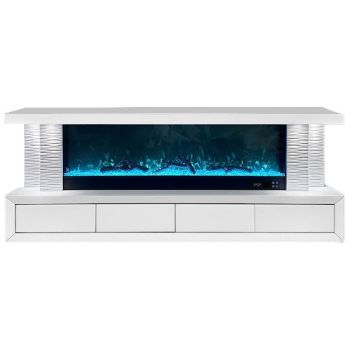 Meuble tv design avec cheminée artificielle intégrée en bois MDF et miroir blanc L.200 x P.40 x H.70 cm collection CARA