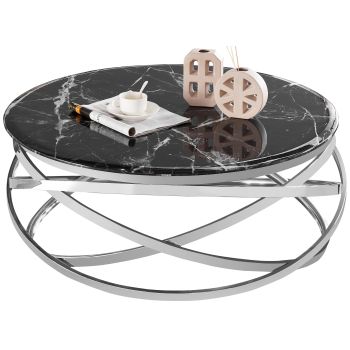 Table basse design rond avec piètement en acier inoxydable poli argenté et plateau en marbre artificiel noir L. 100 x H. 43 cm collection ENRICO