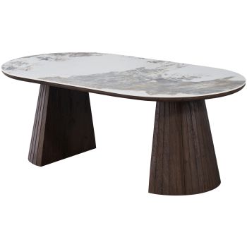 Table basse ovale design plateau en céramique travertin et pieds en MDF effet noyer L.130 x P.70 x H.45 cm collection MAYFAIR