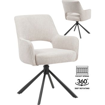 Chaise de salle à manger rotatives à 360° design revêtement en tissu taupe avec piétement en acier noir avec des ressorts ensachés L.73 x P. 58 x H.62 cm collection SAMOS