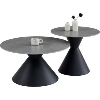 Table basse gigogne ronde design plateau en céramic gris et pieds en acier noir D.80/60 x H.42.5/52 cm collection PABLO