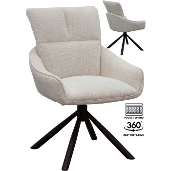 Chaise de salle à manger design rotatives à 360° revêtement en tissu blanc avec piétement en acier noir avec des ressorts ensachés L.58 x P.62.5 x H.88.5 cm collection GRACE