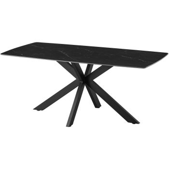 Table de salle à manger design plateau en céramique anti-griffe noir et pieds en métal noir L.180 x P.90 x H.76 cm collection ONTARIO
