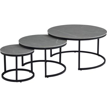 Table basse gigogne ronde design plateau en céramic et pieds en acier coloris Gris D.80/60/40 x H.42.5/38.5/34.5 cm collection MARTA