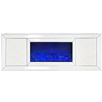 Meuble tv design avec cheminée artificielle intégrée en bois MDF et miroir blanc L.200 x P.40 x H.60 cm collection MAYA