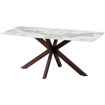 Table de salle à manger design plateau en céramique anti-griffe coloris beige et pandora et pieds en métal effet noyer L.180 x P.90 x H.76 cm collection ONTARIO