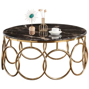 Table basse design en acier doré avec plateau en marbre artificiel noir L. 100 x P. 100 x H. 45 cm Collection BRUNO