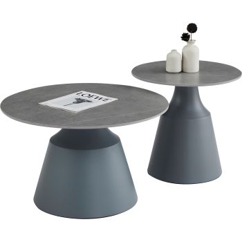 Table basse gigogne ronde design plateau en céramic gris et pieds en acier gris D.70/50 x H.43/49 cm collection KATERINA