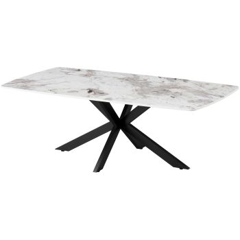 Table basse design plateau en céramique anti-griffe blanc et beige et pieds en métal noir L.130 x P.70 x H.45 cm collection ONTARIO