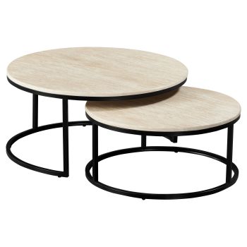 Table basse gigogne ronde design plateau en marbre artificiel et pieds en acier coloris Beige et Noir D.85/70 x H.40/32 cm collection MARJA