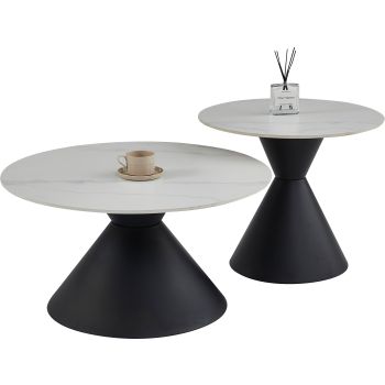 Table basse gigogne ronde design plateau en céramic blanc et pieds en acier noir D.80/60 x H.42.5/52 cm collection PABLO