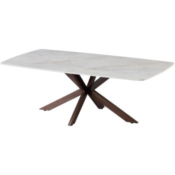 Table basse design plateau en céramique anti-griffe blanc et pieds en métal effet noyer L.130 x P.70 x H.45 cm collection ONTARIO